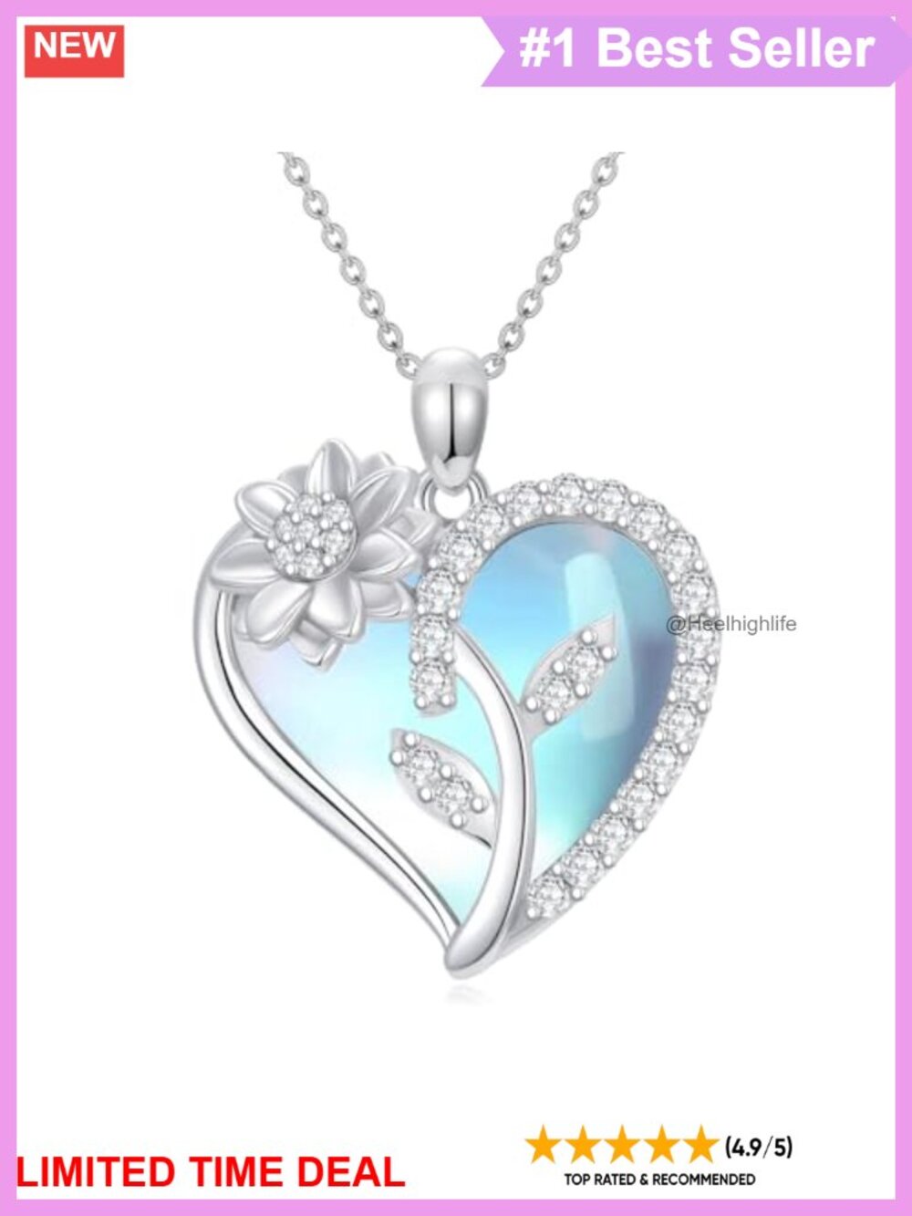 925 Sterling Silver Moonstone Sunflower Flower Pendant Necklace 18+2in Chain